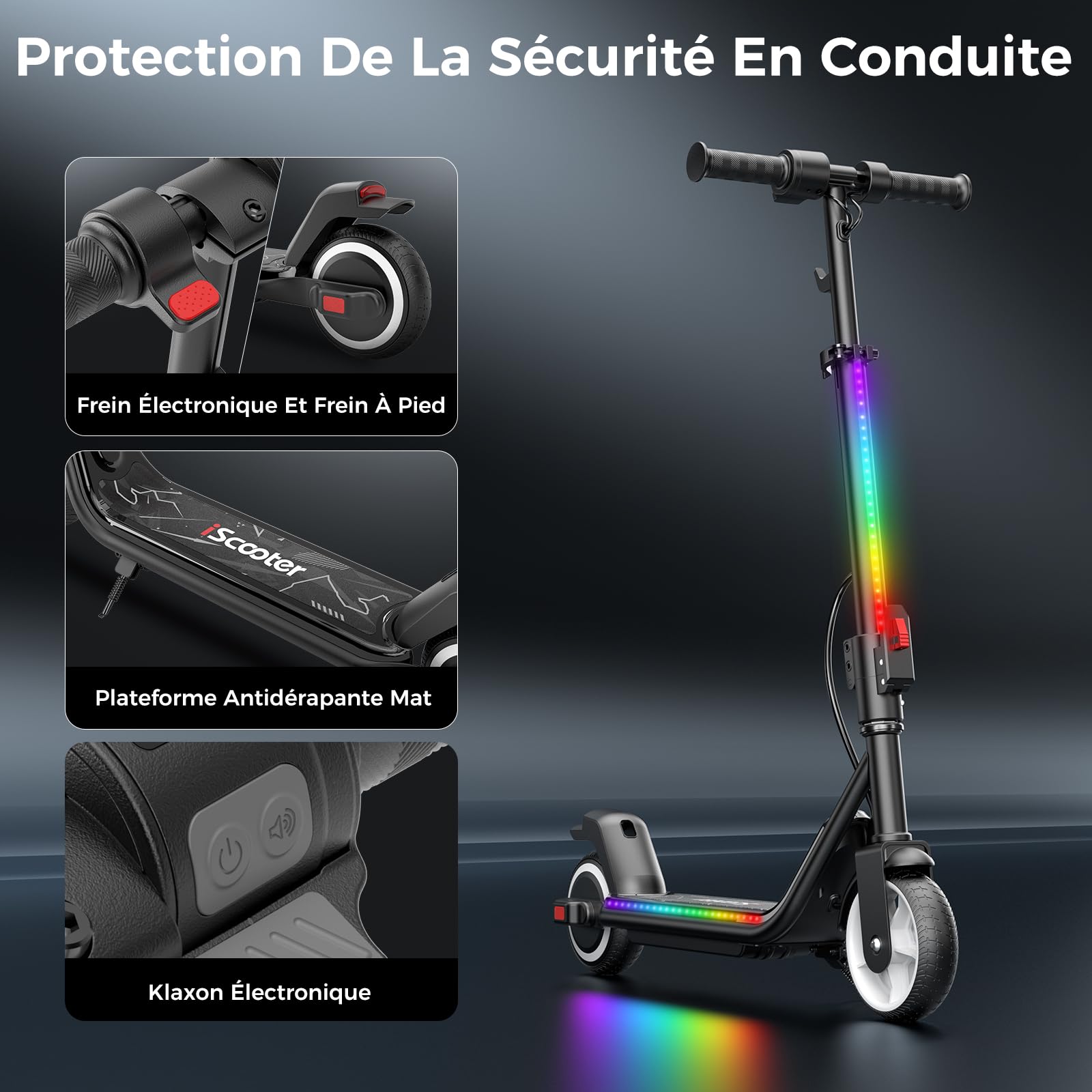 iScooter IK3MAX Trottinette éLectrique Enfant 6,5",Pliable,pour 8-15 Ans,Vitesses 8/13/19 km/h,Autonomie 13km,ÉCran LED,Lumières LED Colorées,Bluetooth,Klaxon,Guidon RéGlable