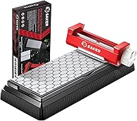 Saker Upgraded Honing Guide with Diamond Whetstone - Off-Center Roller for Chisels, Planes & Knives, 400/1000 Grit Red Kit