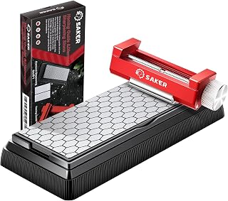 Saker Upgraded Honing Guide with Diamond Whetstone - Off-Center Roller for Chisels, Planes & Knives, 400/1000 Grit Red Kit