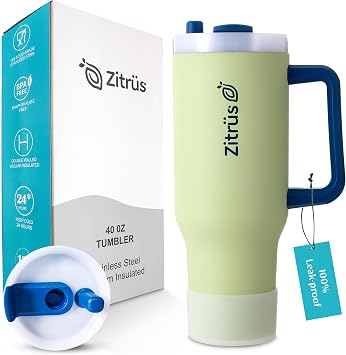 40 oz Tumbler with Handle and Straw | Leak Proof Insulated Stainless Steel Water Bottle Travel Mug Fits in Cup Holder | Keeps Cold Hot | Gifts for Women Men Him Her Pastel Green, 40 oz