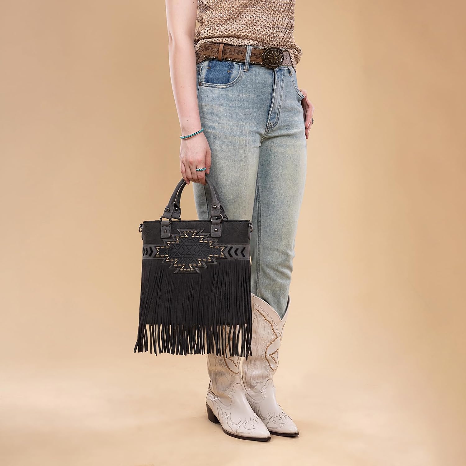 Trinity Ranch Crossbody Bags for Women Tooled Fringe Top Handle Handbags Vintage Western Purse