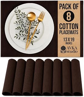 100% Cotton Ribbed Placemats - Set of 8-13 x 19 Inches - Brown - Everyday/Thanksgiving/Fall Cloth Table Mats - Thick Construction, Washable & Reusable Cloth Place Mats - by AVKA Studio
