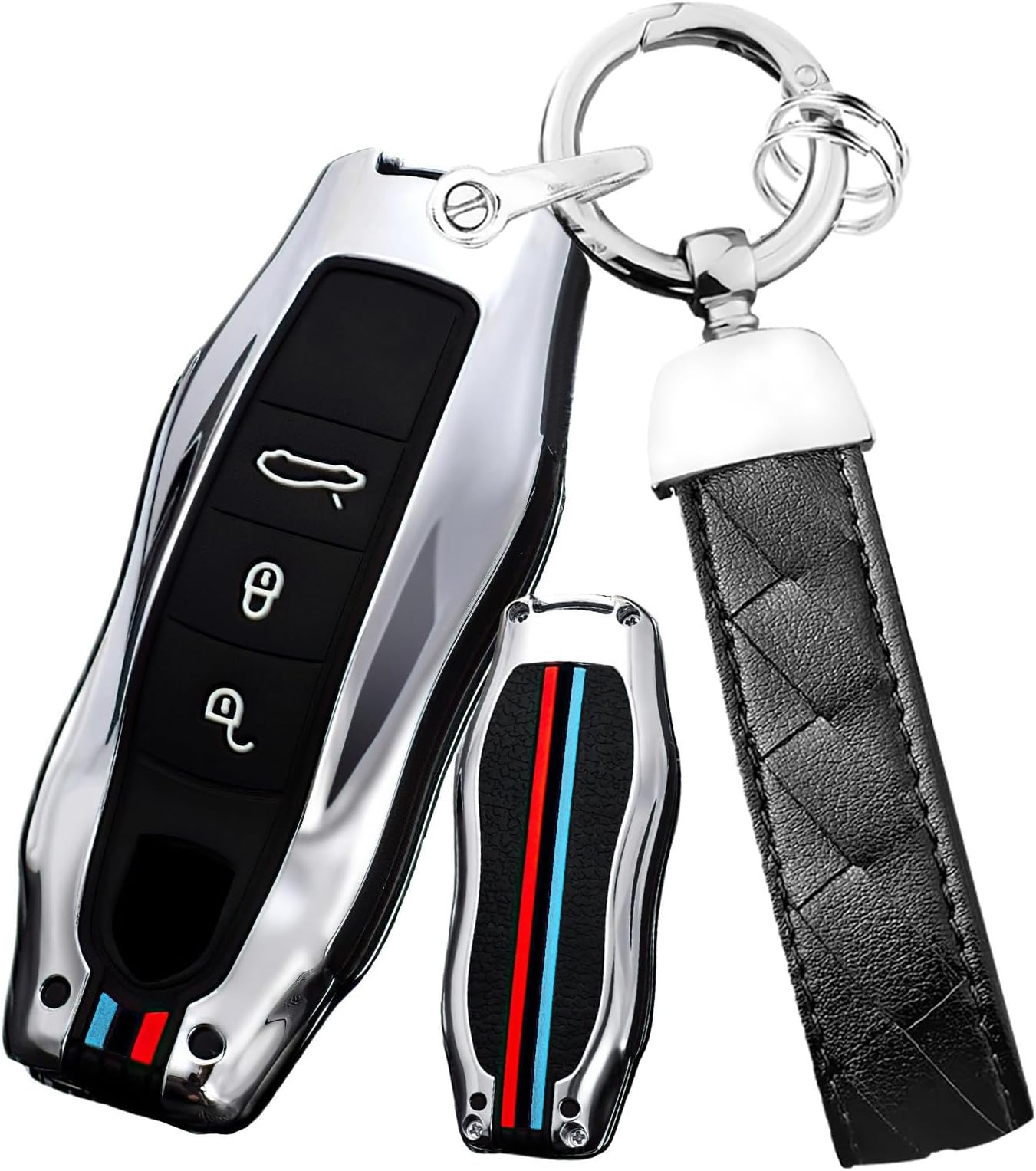 3 Buttons Metal Remote Key Fob Cover Fit for Porsche Keyless Smart Key Case with Keychain Fit for Porsche Cayenne 911 Coupe Panamera Taycan Key Protection Cover -Long Chain Silver