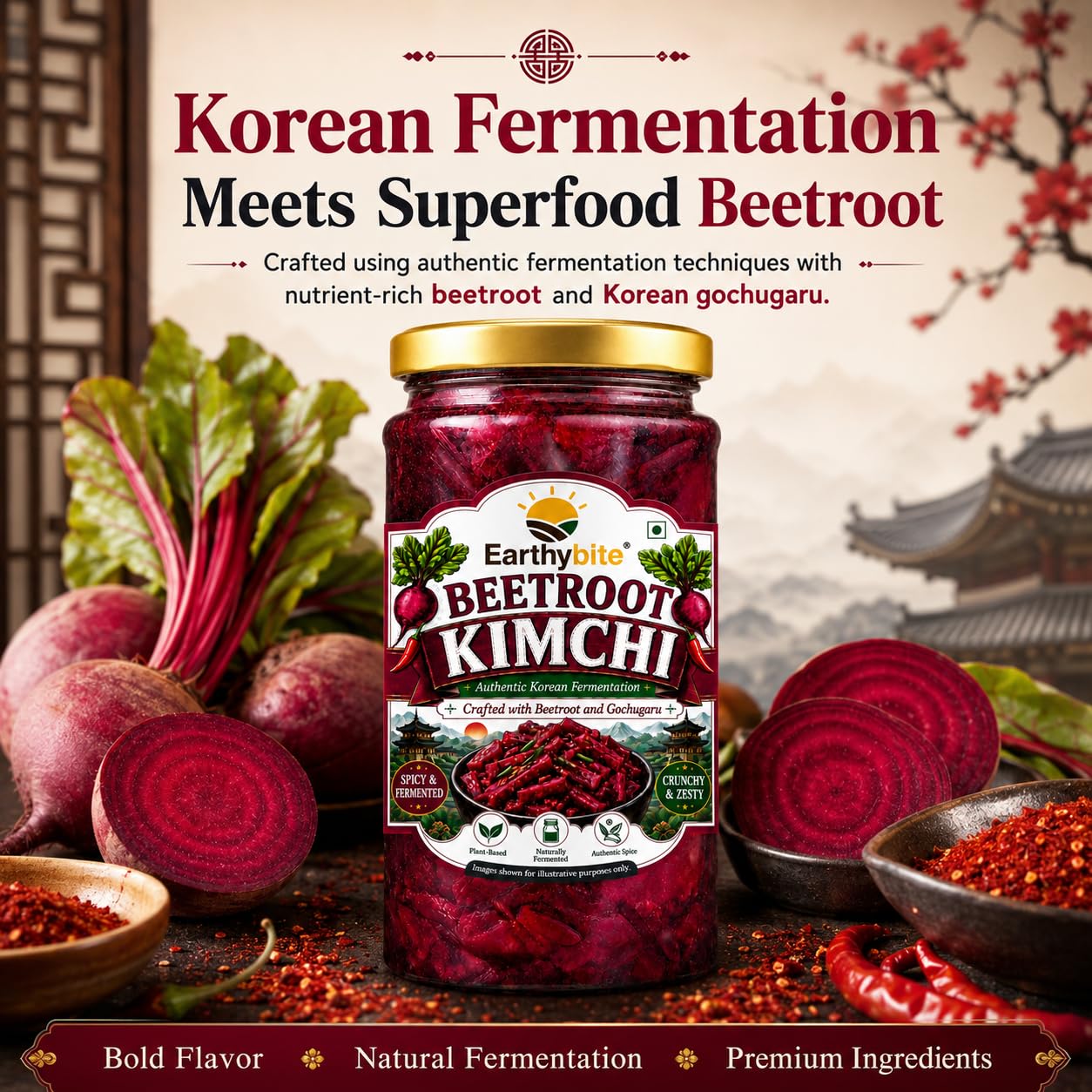 Earthy Bite Beetroot Kimchi 250g | Korean Style Fermented Kimchi | Made with Beetroot & Gochugaru | Probiotic Rich | Plant Based | No Preservatives | Ready to Eat 1