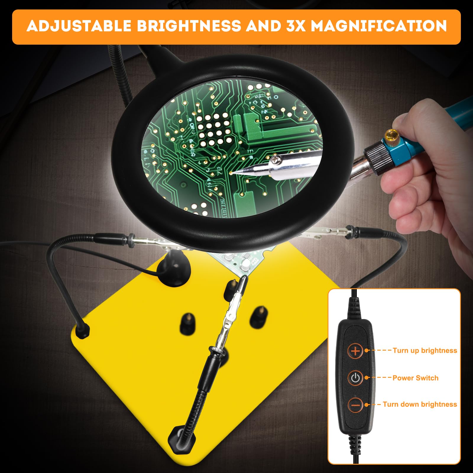 Magnetische helfende Hand, lötende Dritte Hände mit 3X LED Lupenlampe, 4 PCB Säulen Leiterplattenhaltermit mit Flexible Metallarme Elektronisches Reparaturwerkzeug