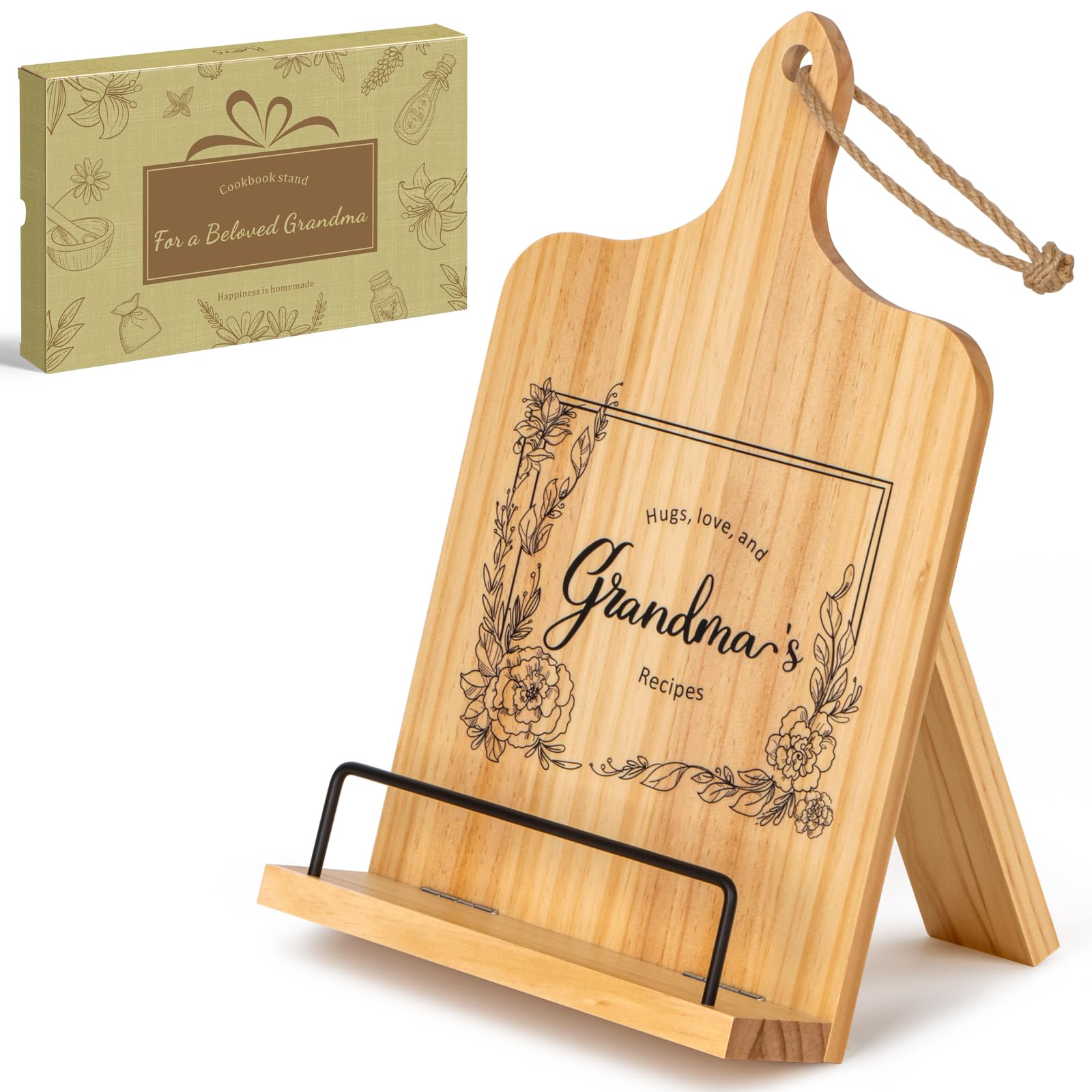 PUERSI Cookbook Stand, Kitchen Gifts for Grandma on Mothers Day Wooden Recipe Book Holder, Grandmother Mothers Day Gift