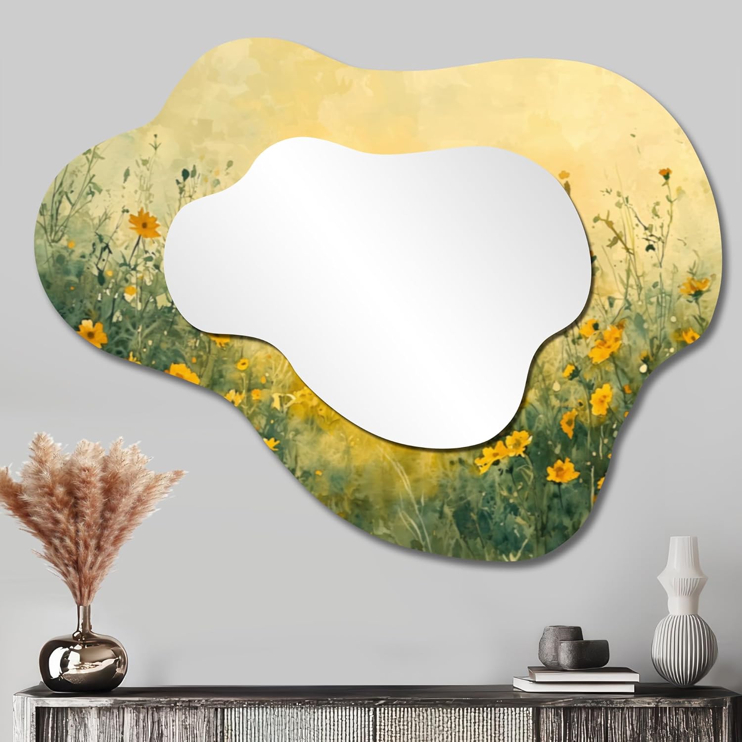 Delicate Blue and White Flower Petals III - Yellow Cloud Shaped Mirror - Dogwood Cloud Shaped Accent Mirror for Bedroom Print on Metal, 35" W x 27" H
