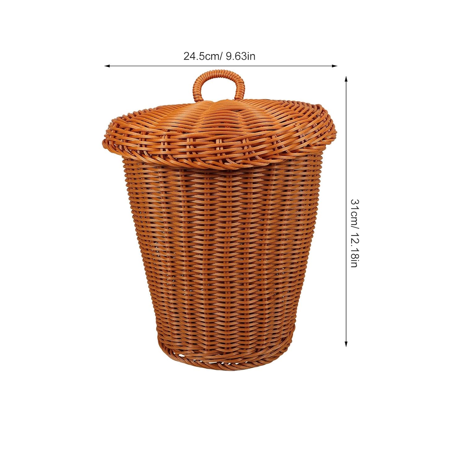 Woven Trash Basket with Lid, Imitation Rattan Household Storage Bin, Round Desktop Wastebasket for Home Office Bathroom Organization