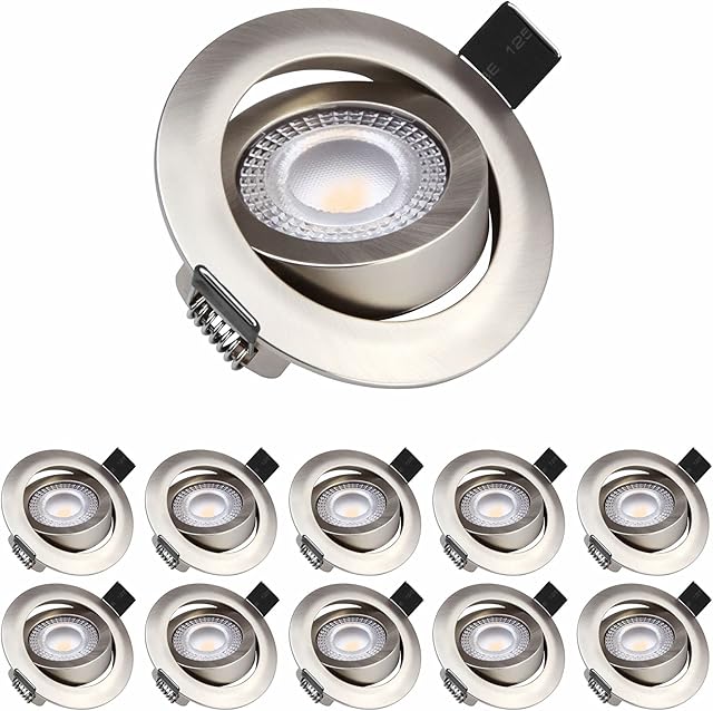 10X Sanlumia LED 9W 750lm, Tilt Ultra Slim Spotlight, Round Recessed Ceiling Downlight, 6400K Cool White, Satin Nickel Finish