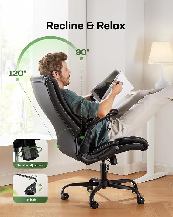 Marsail Executive Office Chair Ergonomic Desk Chair with Flip-up Armrests PU Leather Height-Adjustable Swivel Rolling Dark