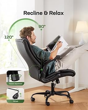 Marsail Executive Office Chair Ergonomic Desk Chair with Flip-up Armrests PU Leather Height-Adjustable Swivel Rolling Dark