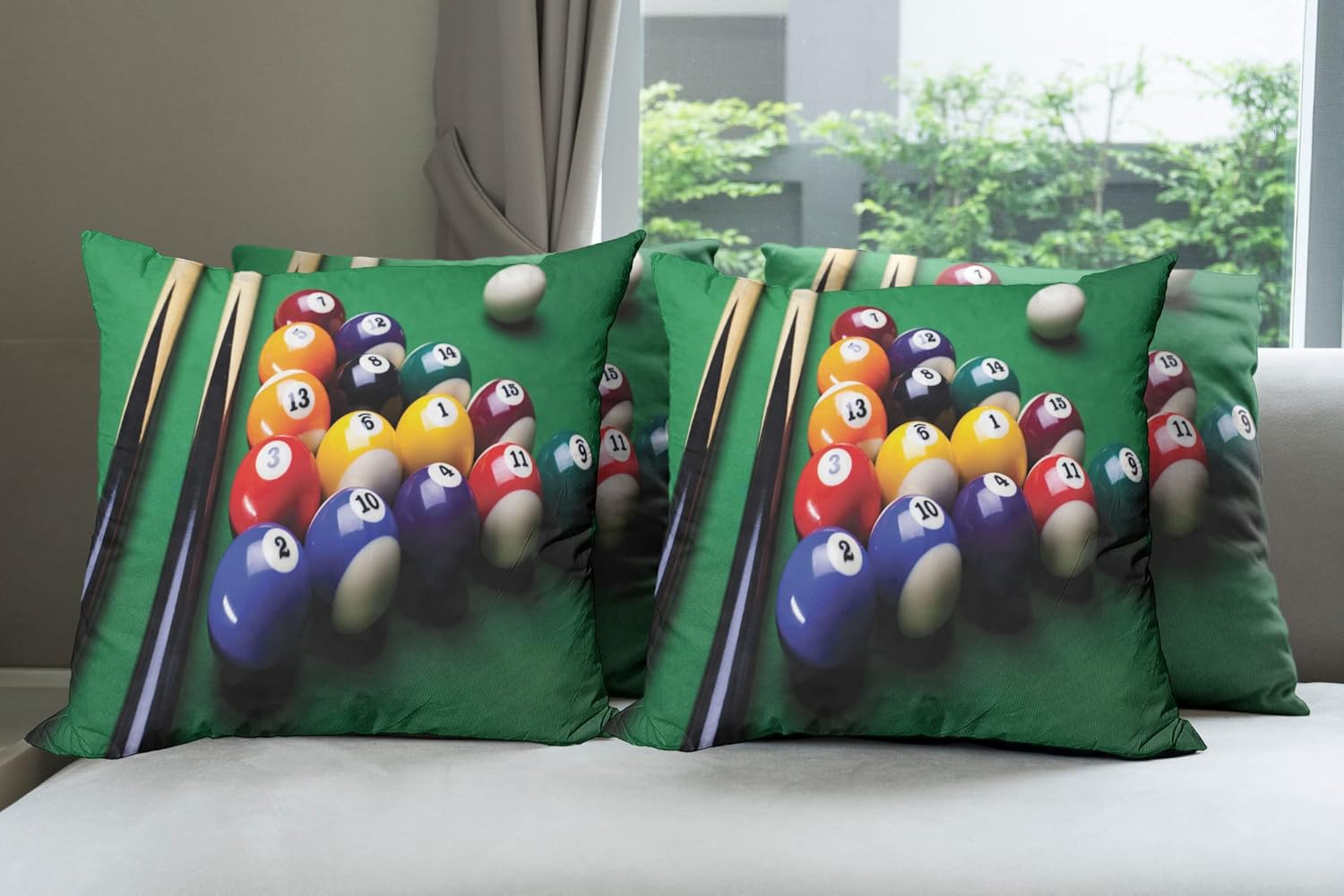 Lunarable Manly Throw Pillow Cushion Case Pack of 4, Billiard Pool Balls Arrangement Snooker Contest Beginning Entertainment Game Print, Modern Accent Double-Sided Digital Printing, 24", Red Green