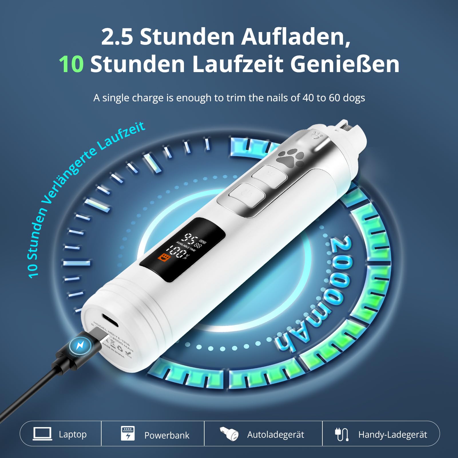 Krallenschleifer für Hunde, 5-Gang Krallenschleifer für Haustiere Mit LED-Leuchten,Elektrische Krallenschere mit Leistungsanzeige,Superleise,Wiederaufladbare für Haustiere wie Hunde,Katzen und Hamster