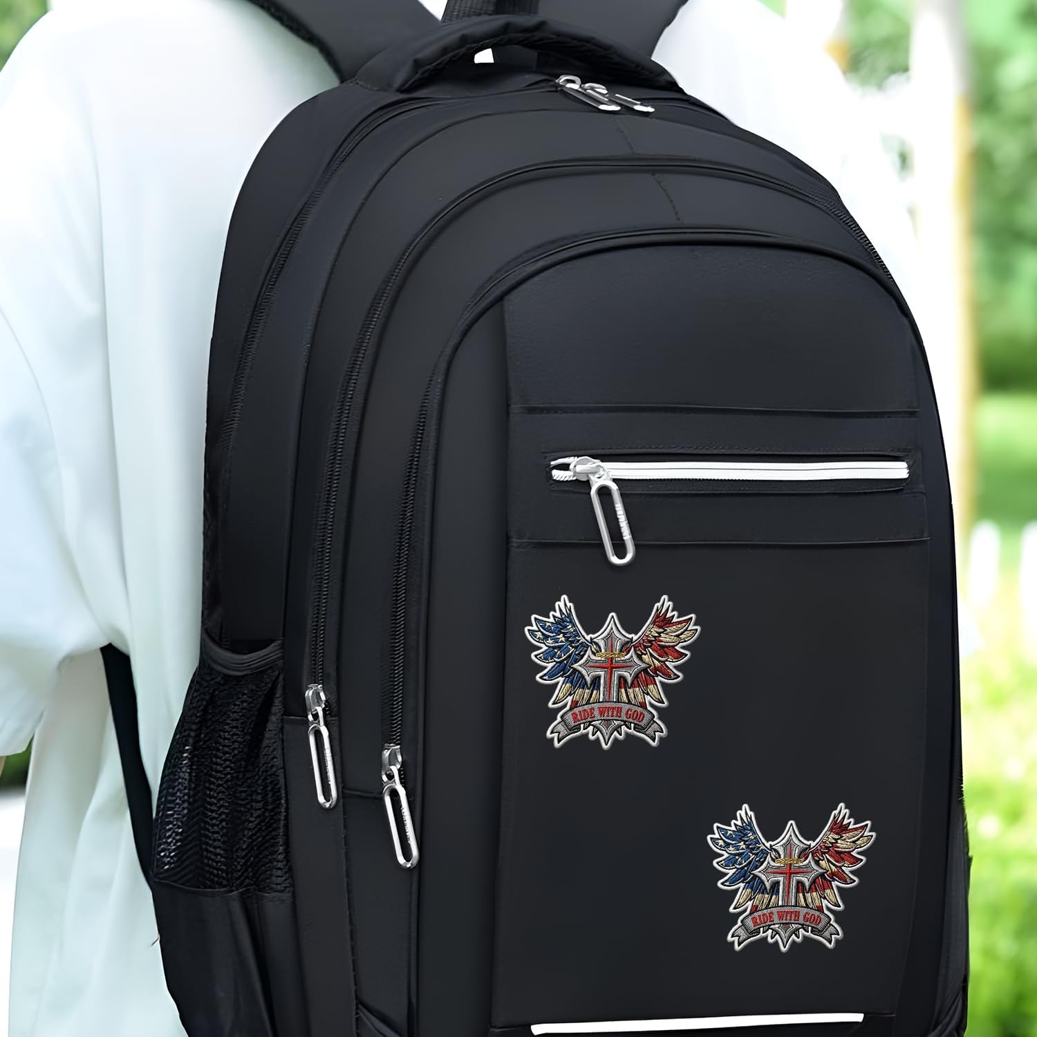 Patriotic Cross Wings Embroidered Patch 3 Pack, 2.5 Inch Christian Biker Style Iron On Sew On Applique, USA Faith Eagle Wing Patch for Jacket, Vest, Backpack