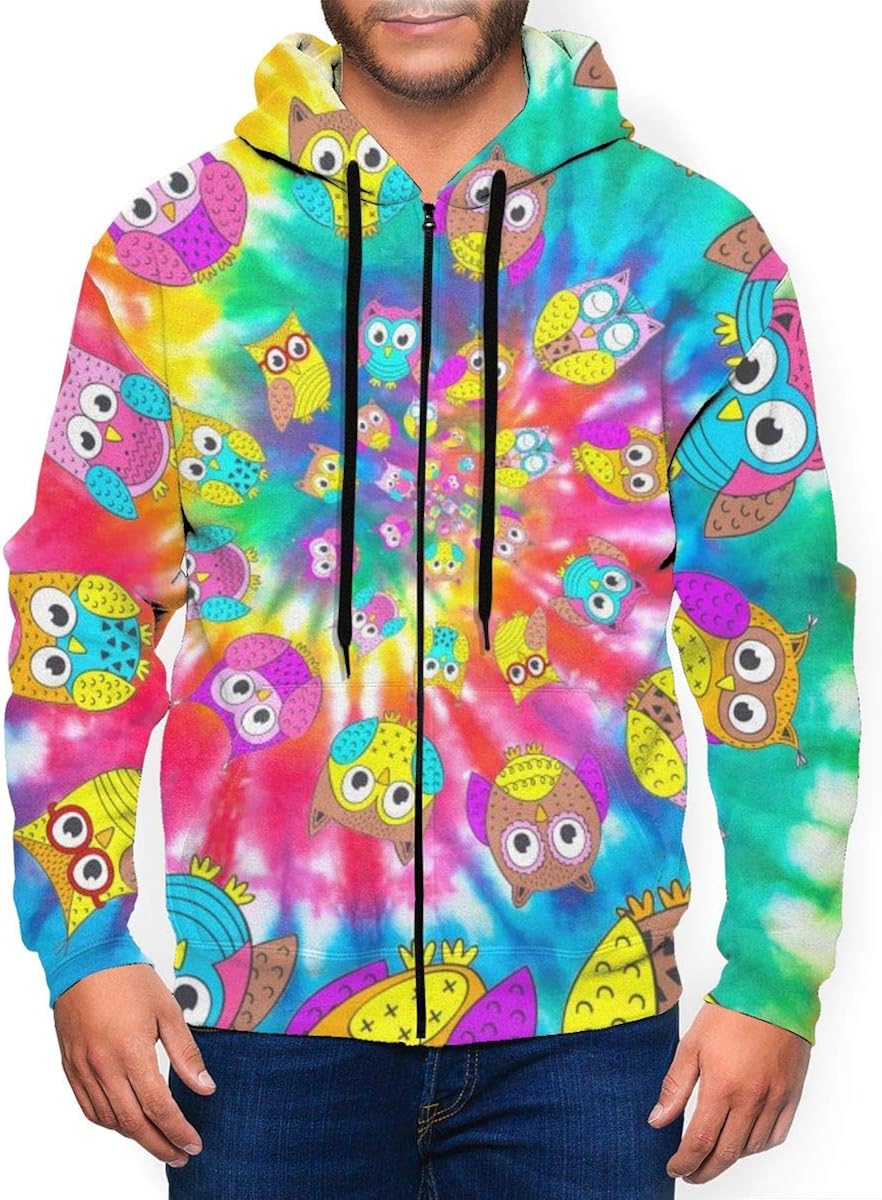 Spiral Owls Head Tie Dye Owl Men's Full Zip Up Hoodie All Over Print