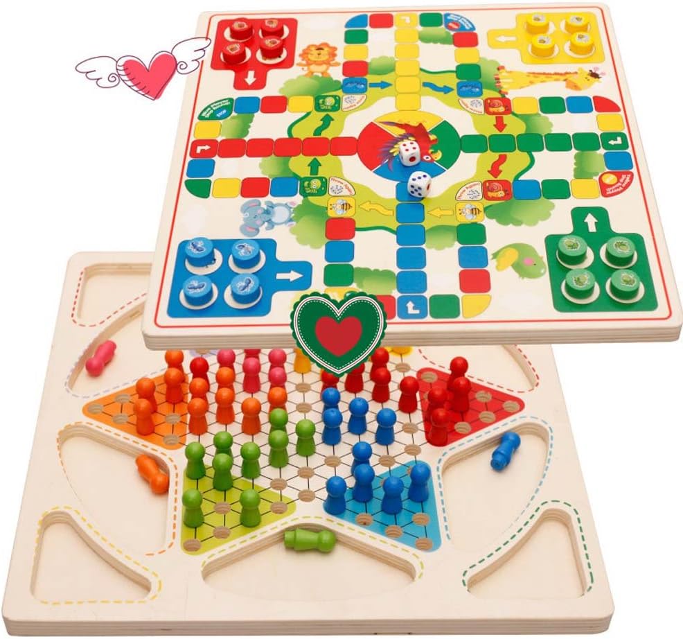 YCbingo Ludo Board Game & Chinese Checkers 2 in 1 Natural Wooden Board Flying Chess Family Game for Adults and Kids