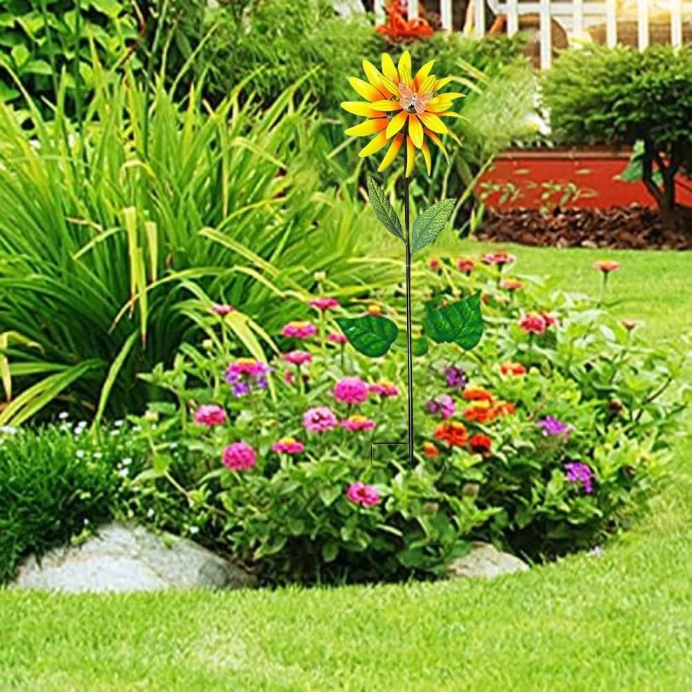 Girandola a vento in metallo, a energia solare, decorazione da giardino con luci, 89 cm, in acciaio, per esterni (giallo)
