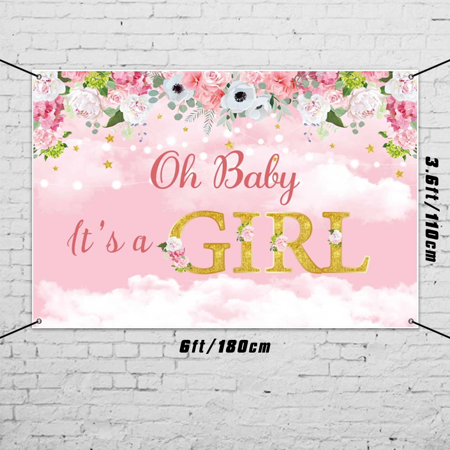MIRRORANG 6x3.6ft Baby Shower Party Backdrop Decorations - It's a Girl Pink Floral Banner for Girl's Party Supplies - Polyester Fabric - Image 4