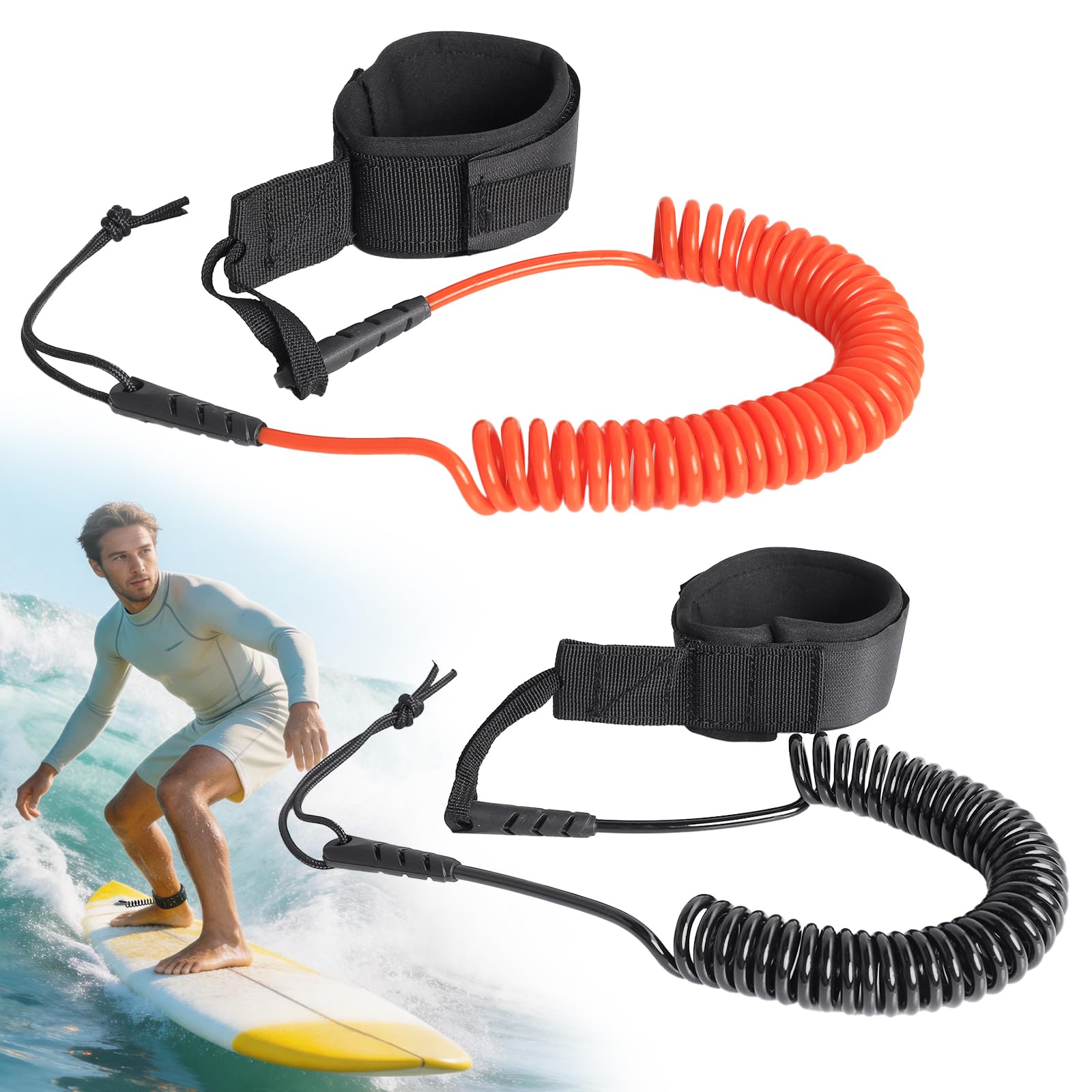 SUP Leash Leash 10ft, zwijana deska surfingowa z paskiem na stopę, 5 mm linka bezpieczeństwa TPU do deski SUP, deski surfingowej, kajaka, longboardu – czarna i pomarańczowa