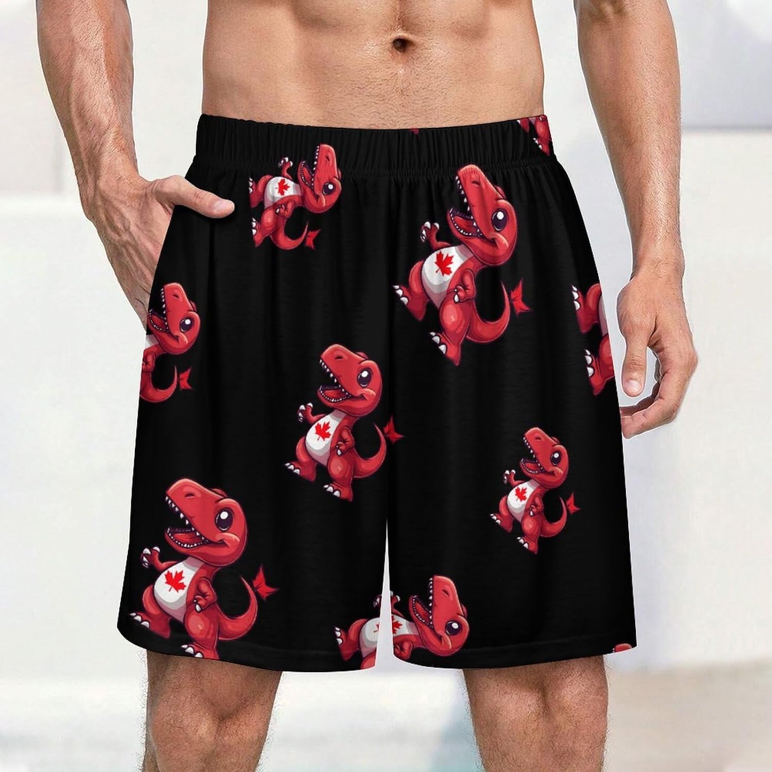 Red Dinosaur Canada Flag Mens Pajama Shorts Sleep Lounge Shorts Pj Bottoms with Pockets