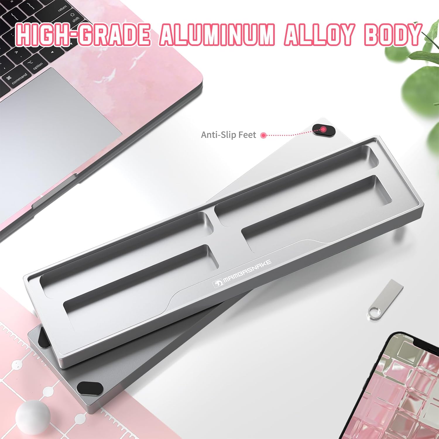 SELORSS x MANBASNAKE 68-key CNC Aluminum Alloy Keyboard Wrist Rest with Partition Storage Case, 2 Acrylic Top Covers, Ergonomic Non-Slip Support for TKL Mechanical Keyboard, Ideal for Office/Home-Pink