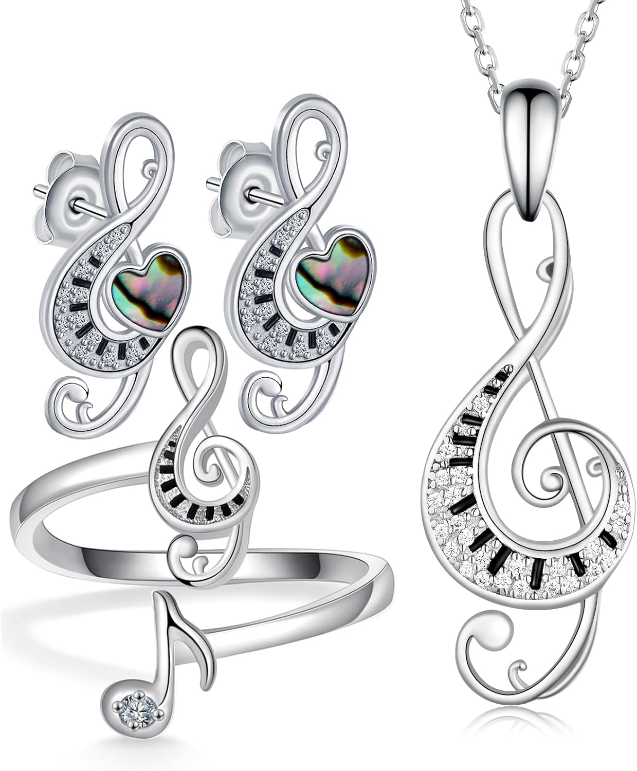 Piano Music Note Jewelry Gifts 925 Sterling Silver Piano Musical Notes Pendant Necklace and Earrings and Rings Music Jewelry Set for Women Music Lovers