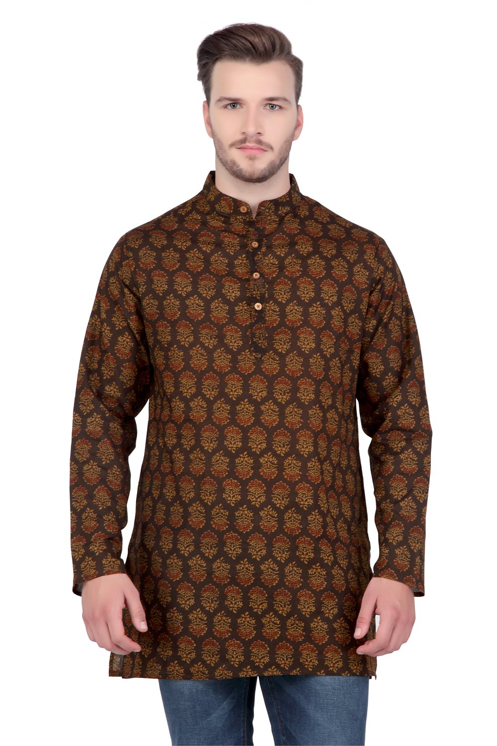 Men's Indian Mid-Length Kurta Tunic Banded Collar Exotic Print Shirt