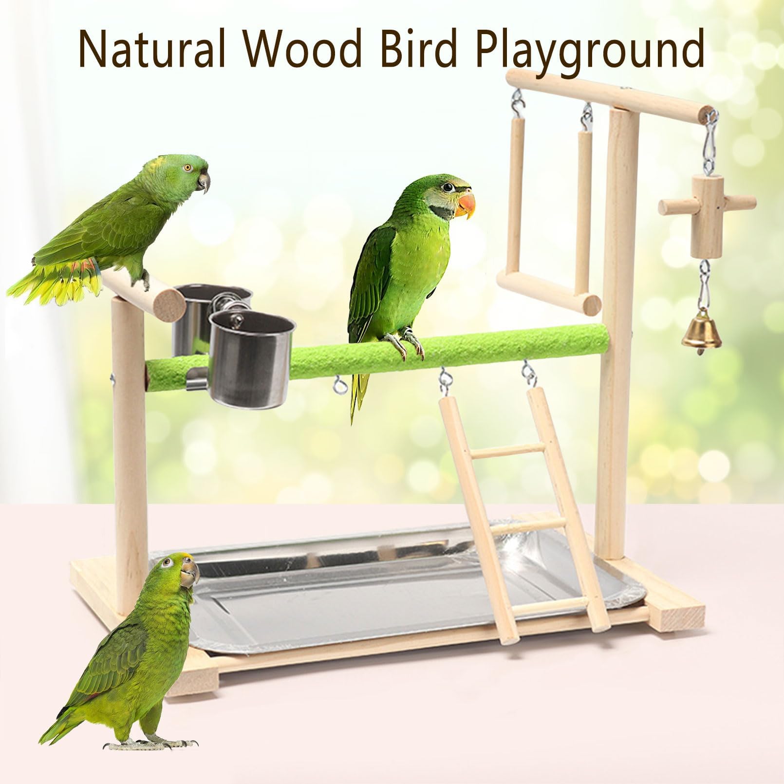 Acsist Birds Playground Parrot Playstand Birds Perch Stand Gym Natural Wood Play Stand with Ladder Swing Feeder Cups for Parakeets Cockatiels Lovebirds Conures Budgies - image 5