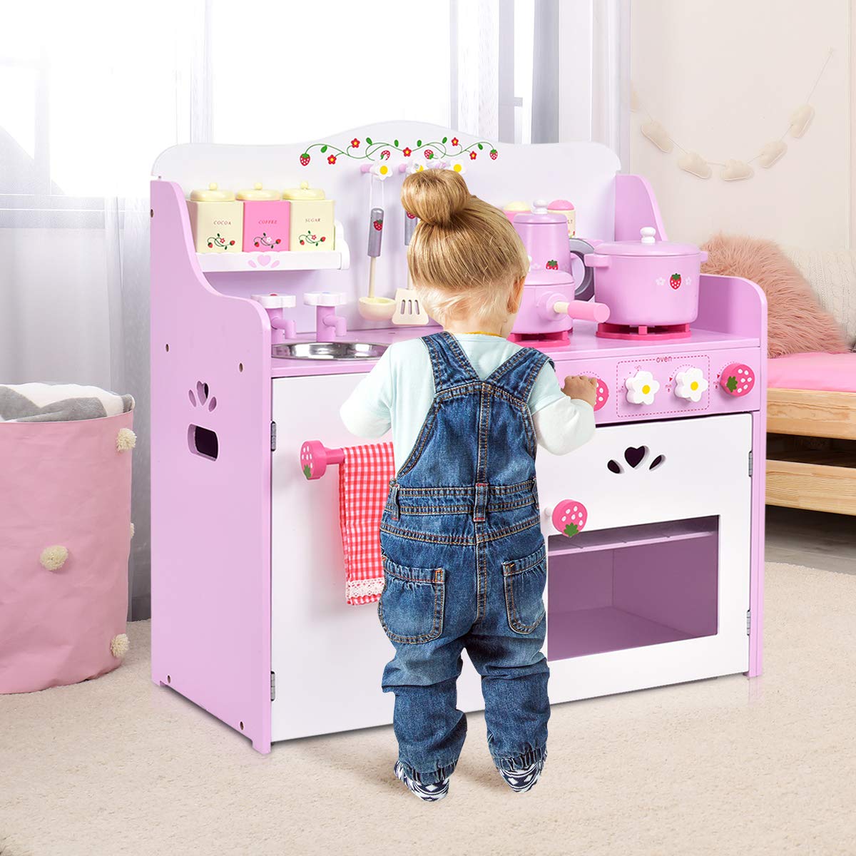 COSTWAY Kinderküche mit Holzkochgeschir, Spielküche mit Geschirrtuchhalter und Handtuch, Kinderspielküche rosa, Spielzeugküche für Kleinkinder