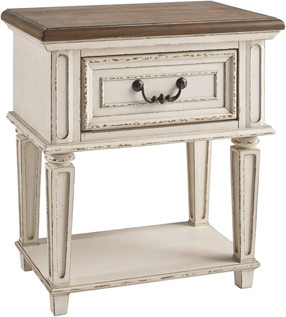 Signature Design by Ashley Realyn Traditional Cottage 1 Drawer Nightstand with Dovetail Construction & Open Display Shelf, Chipped White, Distressed Brown