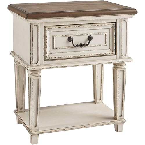 Signature Design by Ashley Realyn Traditional Cottage 1 Drawer Nightstand with Dovetail Construction & Open Display Shelf, Chipped White, 27" Tall, Distressed Brown