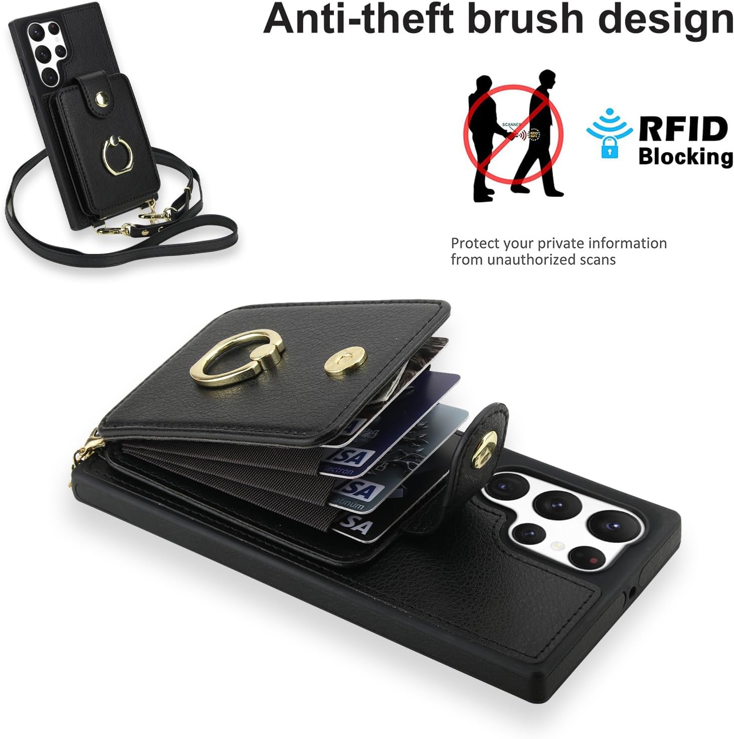 Phone Case for Samsung Galaxy S22 Ultra 5G Magnetic Wallet Cover and Screen Protector Ring Kickstand Compatible with MagSafe RFID Blocking S22ultra 22S S 22 S22U S22ultra5g for Women Men Black