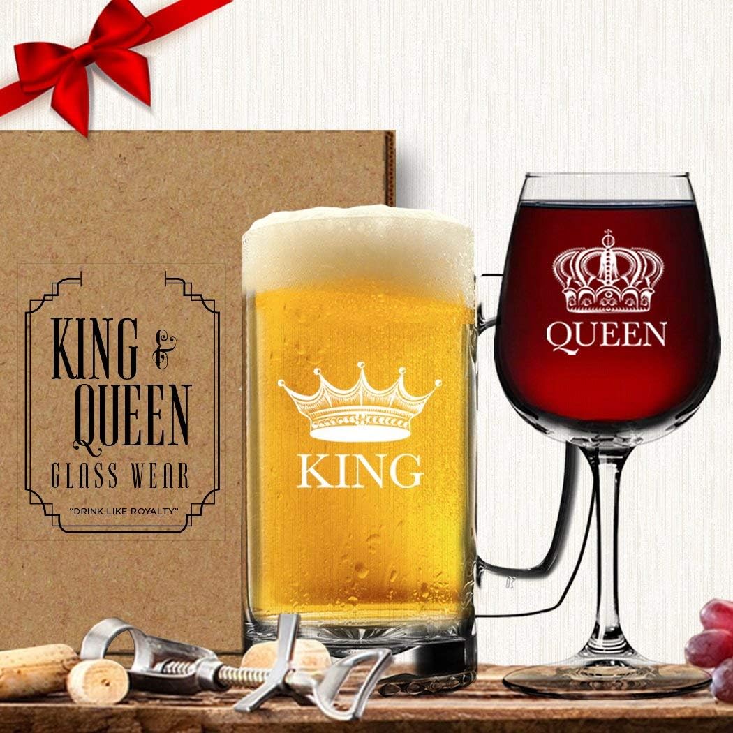 King Beer Queen Wine Glass (Set of 2) - His Hers Couples Gift - Newlyweds Wedding Anniversary Bridal Present - Mr and Mrs Housewarming - Husband Wife Funny Novelty Drinkware (Pixelverse Design)
