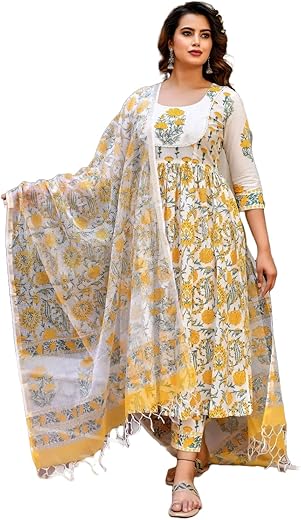 KLOSIA Women Block Printed Anarkali Kurta and Pant Set With Dupatta