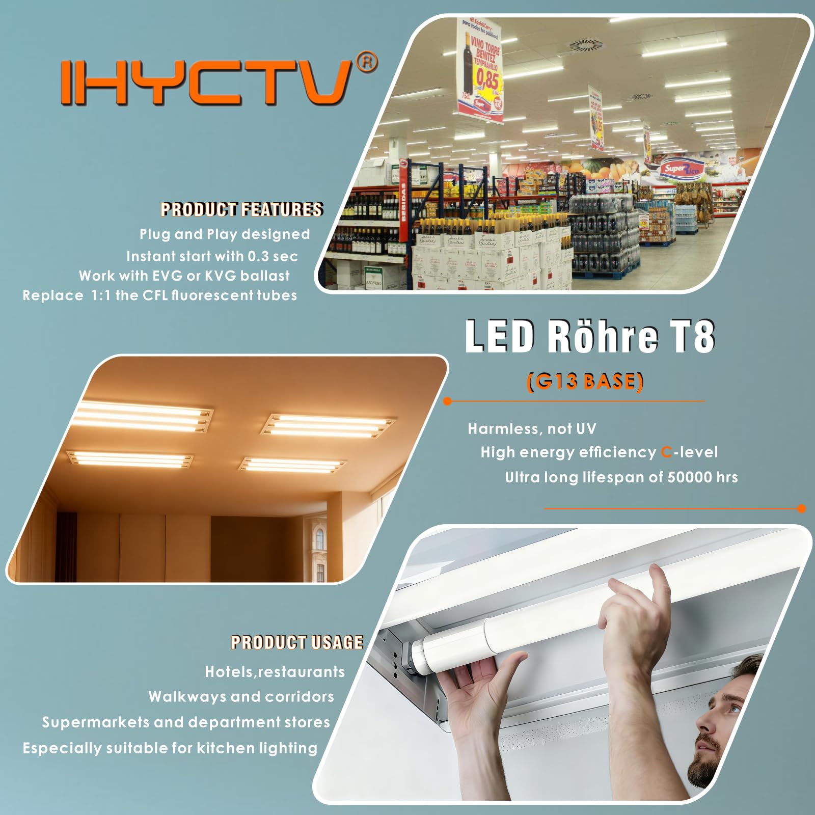 IHYCTV LED Röhre 150cm, 24W, 3885 Lumen, G13 T8, EVG/KVG/VVG Kompatibel, 4000K Neutralweiß, 4er Pack