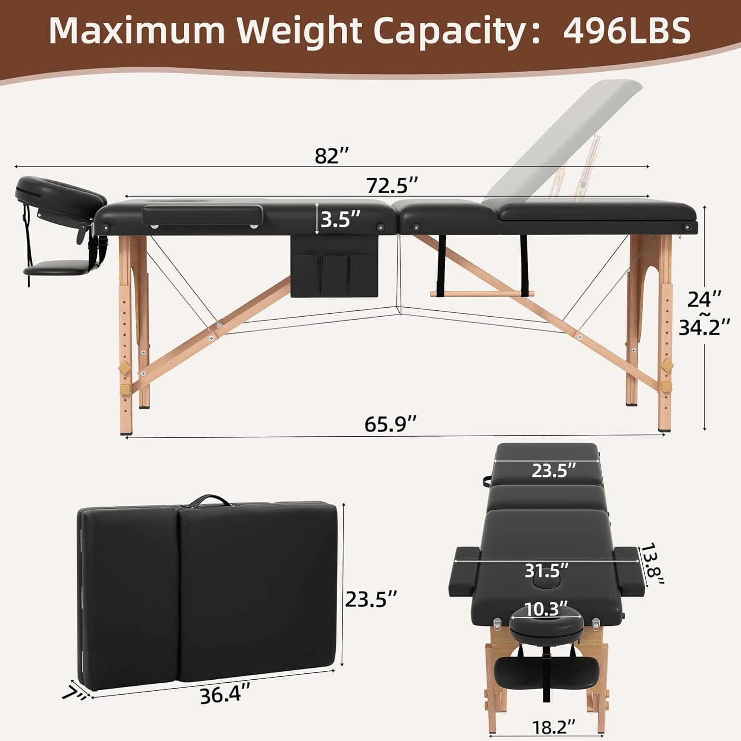ABET Massage Table, 3 Fold Portable Lash Bed for Eyelash Extensions, Height Adjustable Lightweight Professional Facial Spa Beauty Salon Tattoo Table with Oil Pocket Towel Rod, Wood Feet & Black