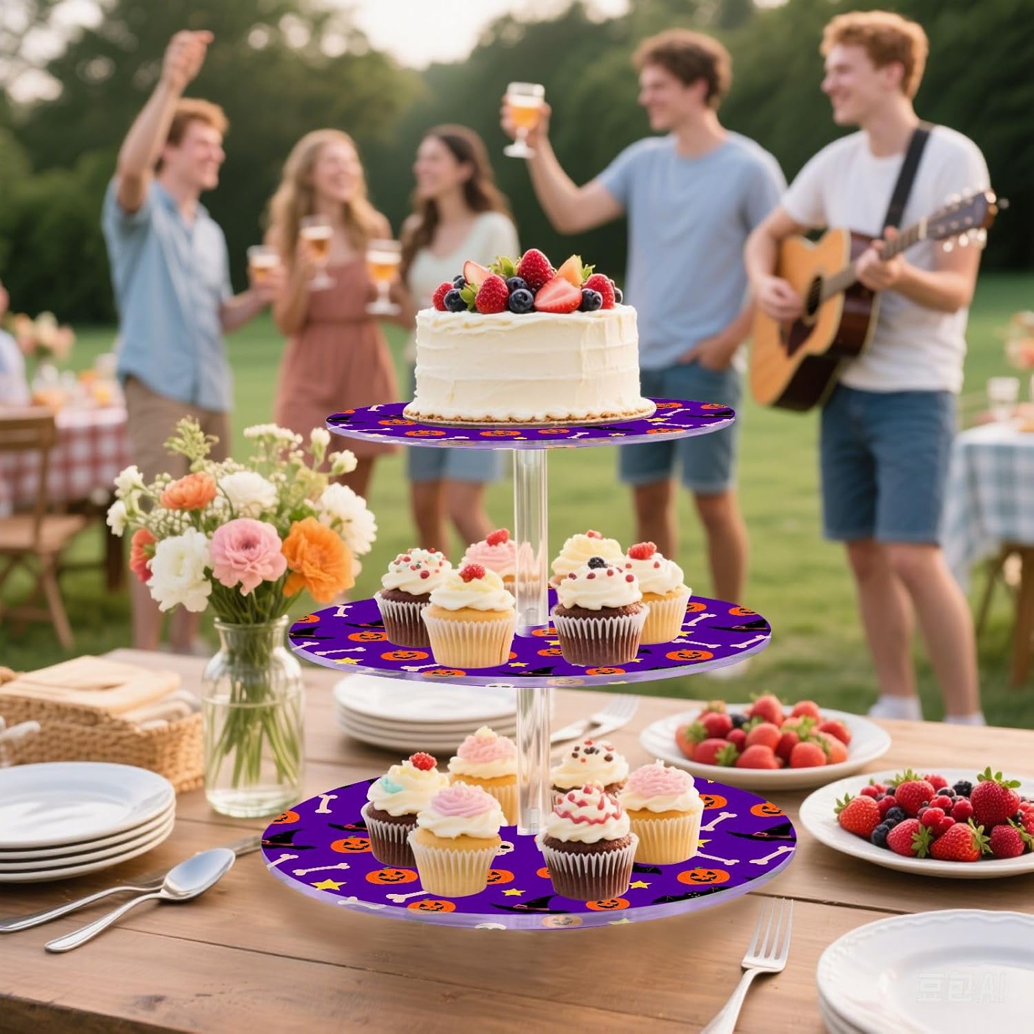 Pumpkin Bats Magic Hat Bone Skull Halloween 3 Tier Acrylic Cupcake Stand, Cupcake Stand for 34 Cupcakes for Weddings,Christmas,Holidays,Parties,Birthday,Printed Cupcake Tower 23301009