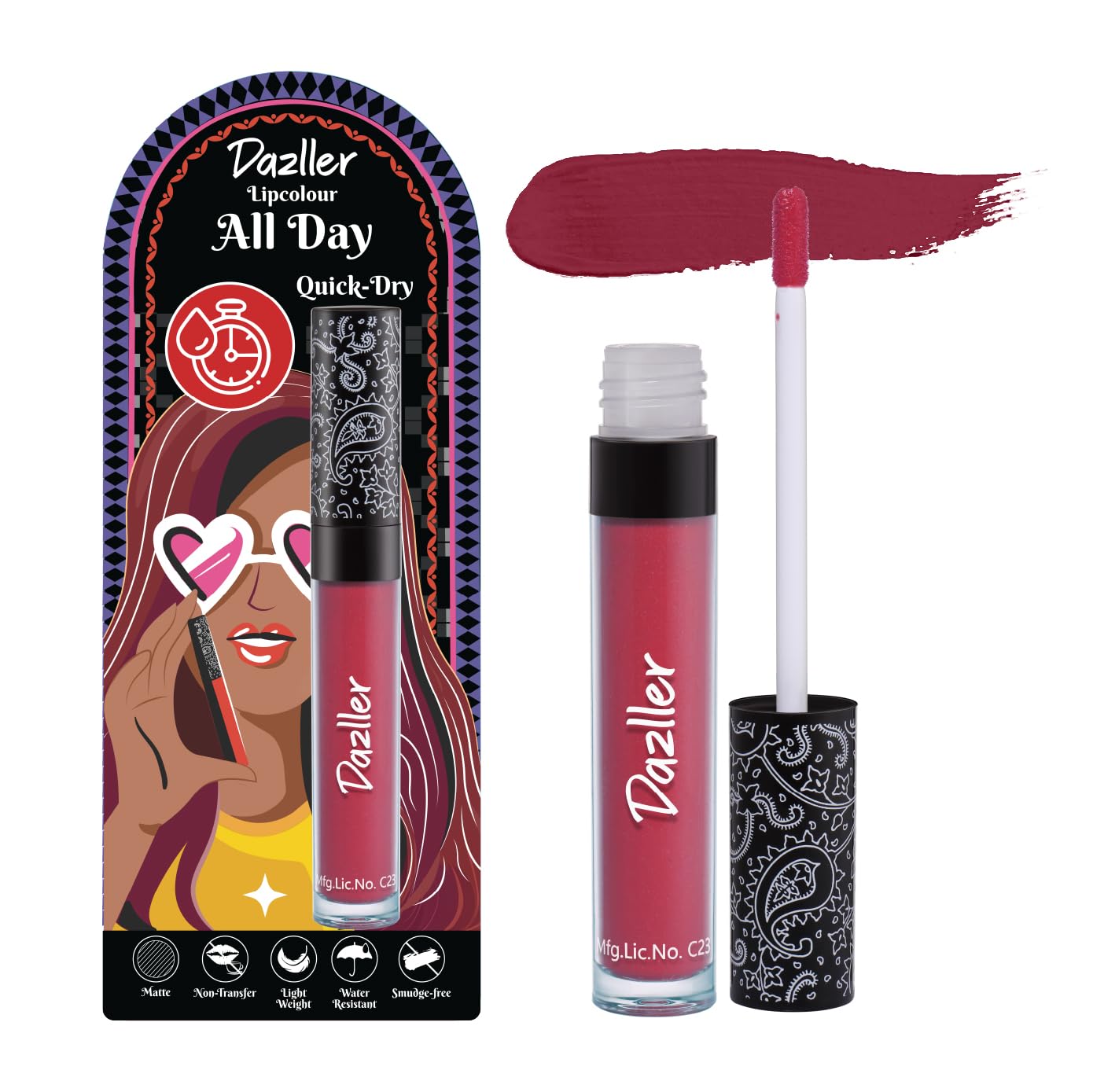 DAZLLER All Day Lipcolour Quick Dry|Moisturizing Kokum Butter|Non-Transfer & Smudge-Proof|8hr Stay|Liquid Lipstick for Women|QDLC002 Candy|6g