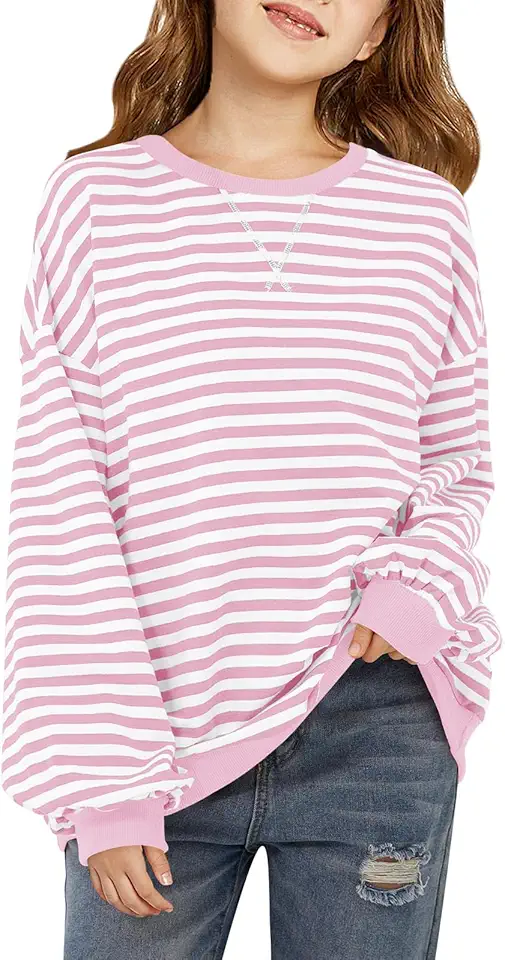 Haloumoning Girls Striped Crewneck Sweatshirt Kids Long Sleeve Oversized Fashion Pullover Tops Fall Clothes 5-14 Years