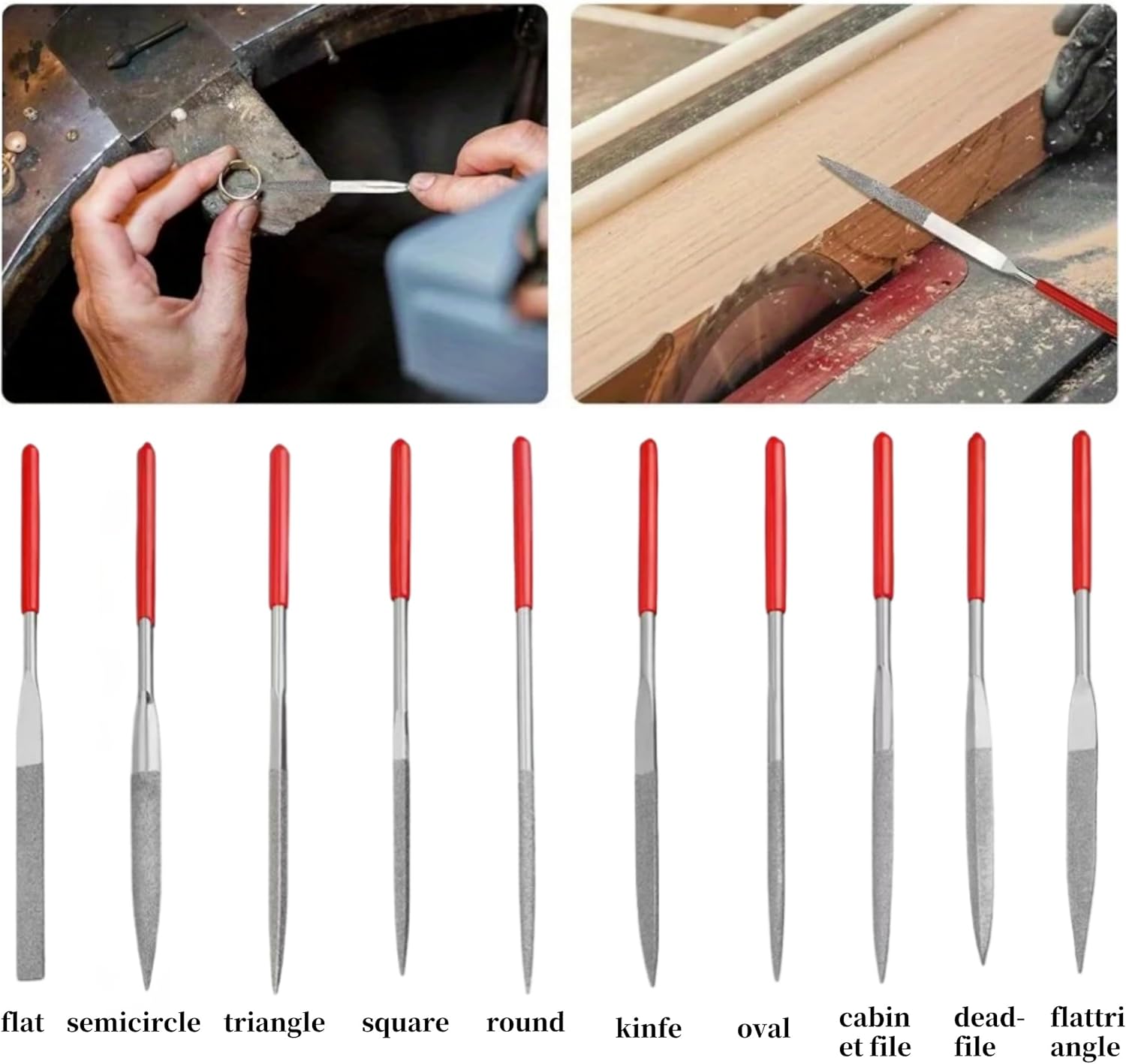 10-Piece Diamond Needle File Set 3x140mm Small Metal Riffler Files Jewelers File Precision Hand Tools for Glass Wood Stone Jewelry - Round Triangular Square Flat Shape