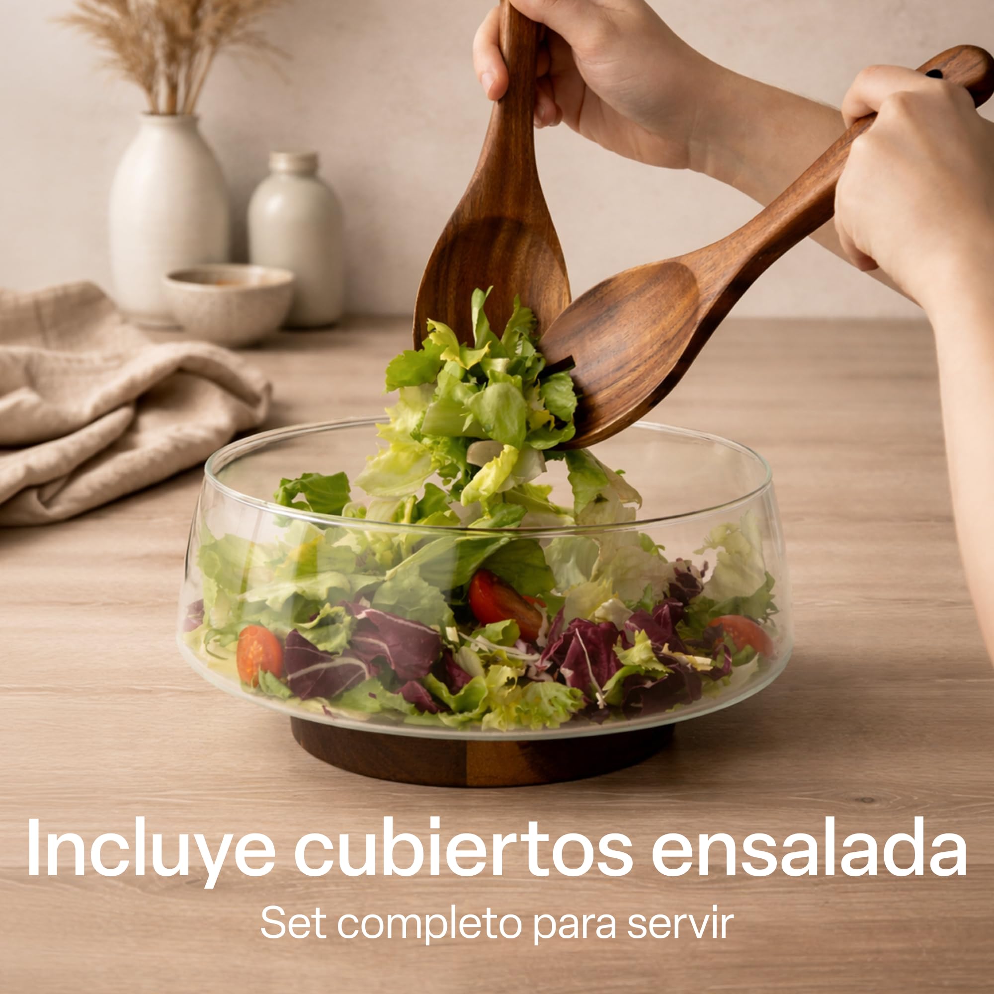 MIAMIO - Ensaladera de cristal/Bol para ensalada, madera de acacia (3,5L) | Ensaladera de cristal con base de madera de acacia, bol para servir / frutero de cristal con utensilios para ensalada