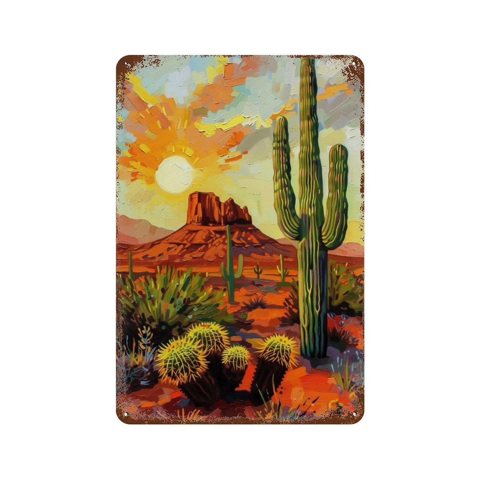 WUJHGRSG Impasto Sunset Red Rock Saguaro Desert Vista 02 Wall Art Retro Iron Vintage Metal Tin Sign Poster Modern Decor for Home Cofffee Club Bar Shop Style 30x20cm
