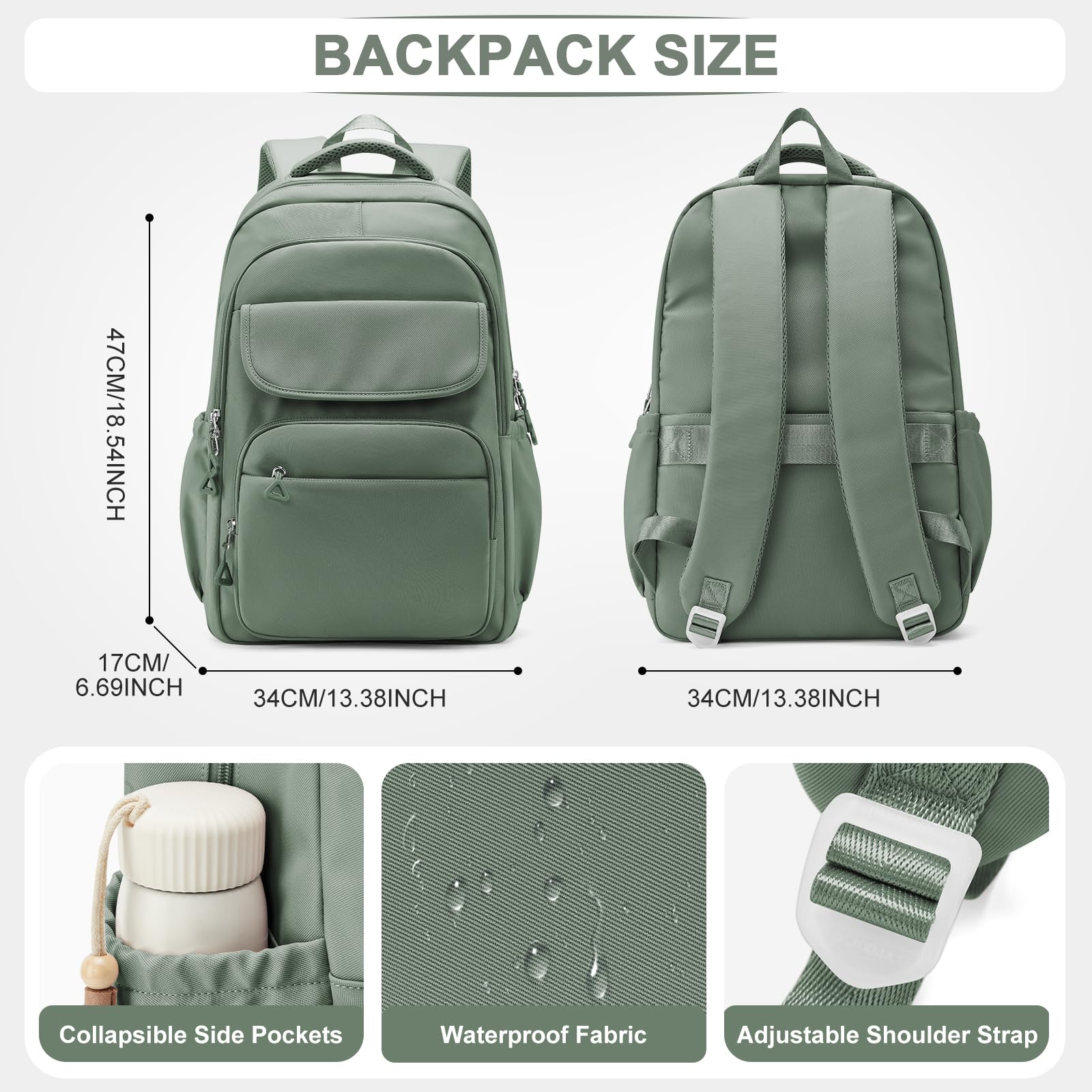 Lendolk Cute School Backpack for Teens Girls Boys Waterproof School Bag Basic Backpack for College Students Multi Pocket Backpack Lightweight Casual Daypack Backpacks for Women Men?Green?