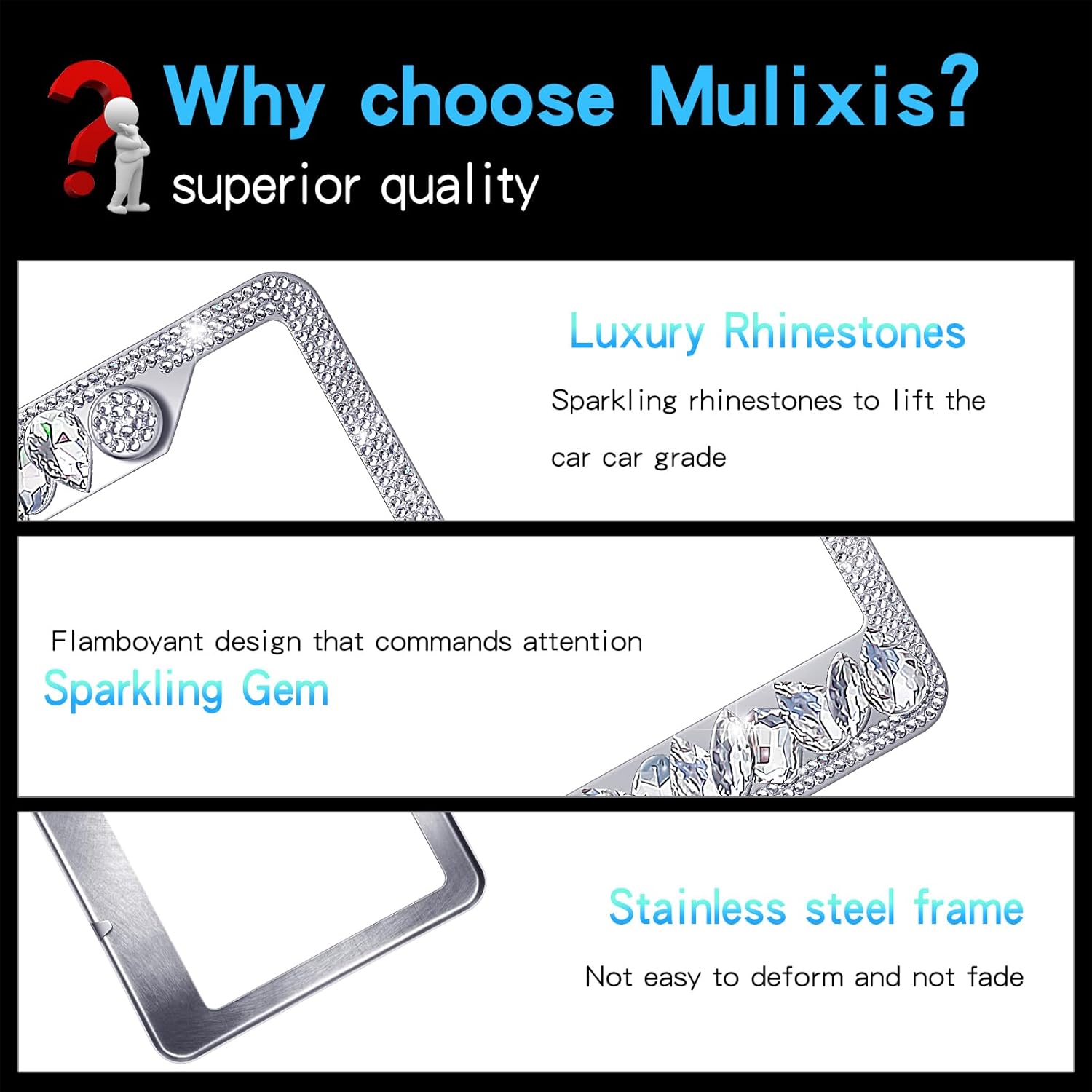 Bing License Plate Frames for Women Diamond License Plate Frame 2 Pack Rhinestone Bedazzled License Plate Holder Stainless Steel Frame - High-End Gift Box Packaging