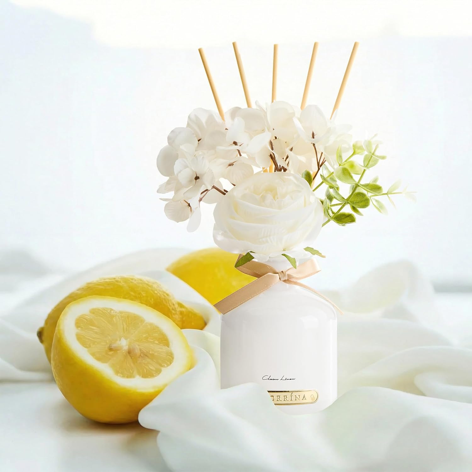 COCORRÍNA Reed Diffuser Set, 6.7oz Flower Reed Diffuser with Sticks, Clean Linen Essential Oil, Long Lasting Home Fragrance for Bathroom, Bedroom & Shelf Decor, Aesthetic Gift for Women
