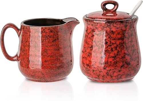 Miniatura 8 de Juego de azúcar y crema de Hasense, azucarero de 11 onzas con tapa y cuchara, recipiente de crema de 10 onzas, juego de azúcar y crema de cerámica