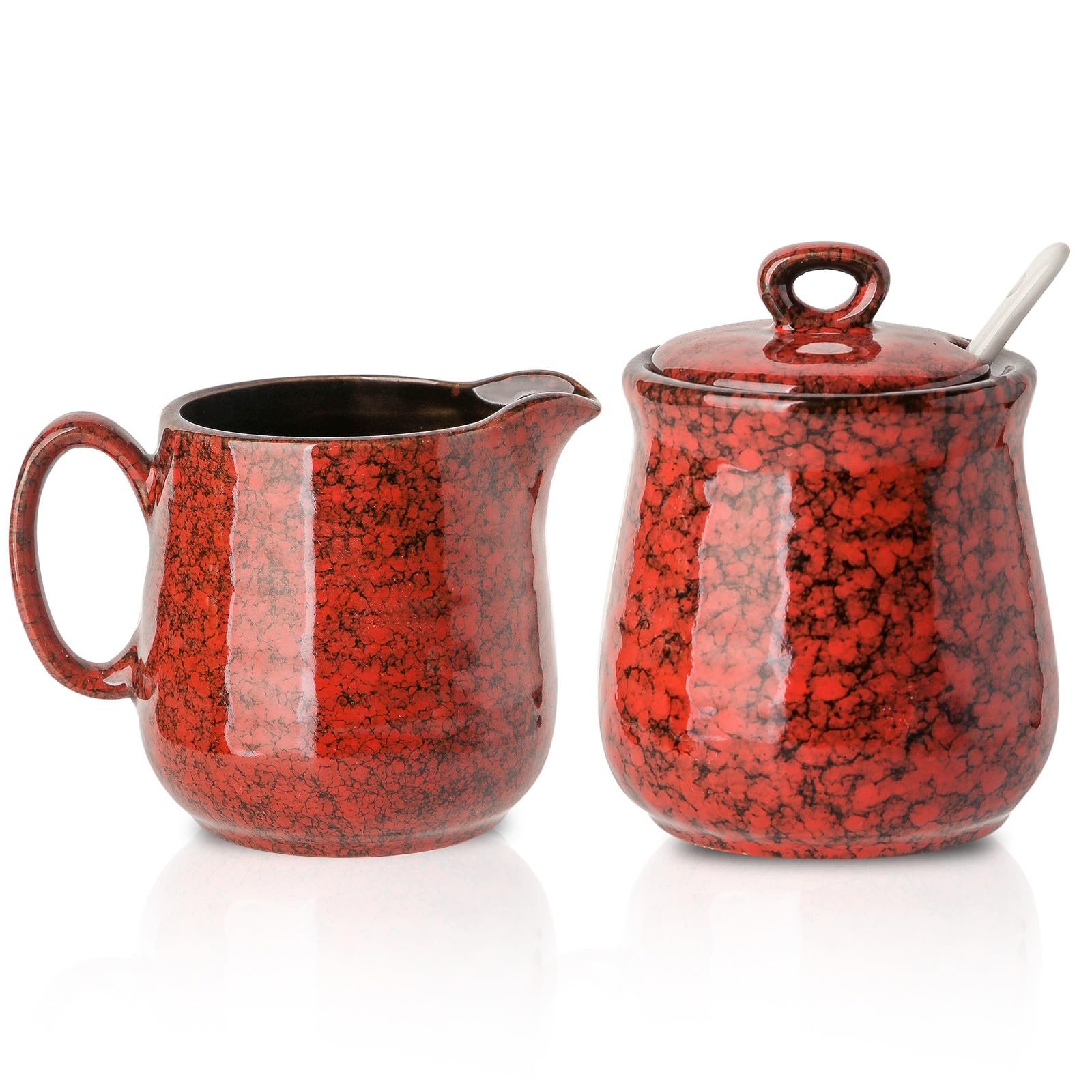 Hasense Ceramic Sugar and Creamer Set, 11 Ounce Sugar Bowl with Lid and Spoon, 10 Ounce Cream Pitcher, Red Coffee Serving Set for Gift, Dishwasher &amp; Microwave Safe