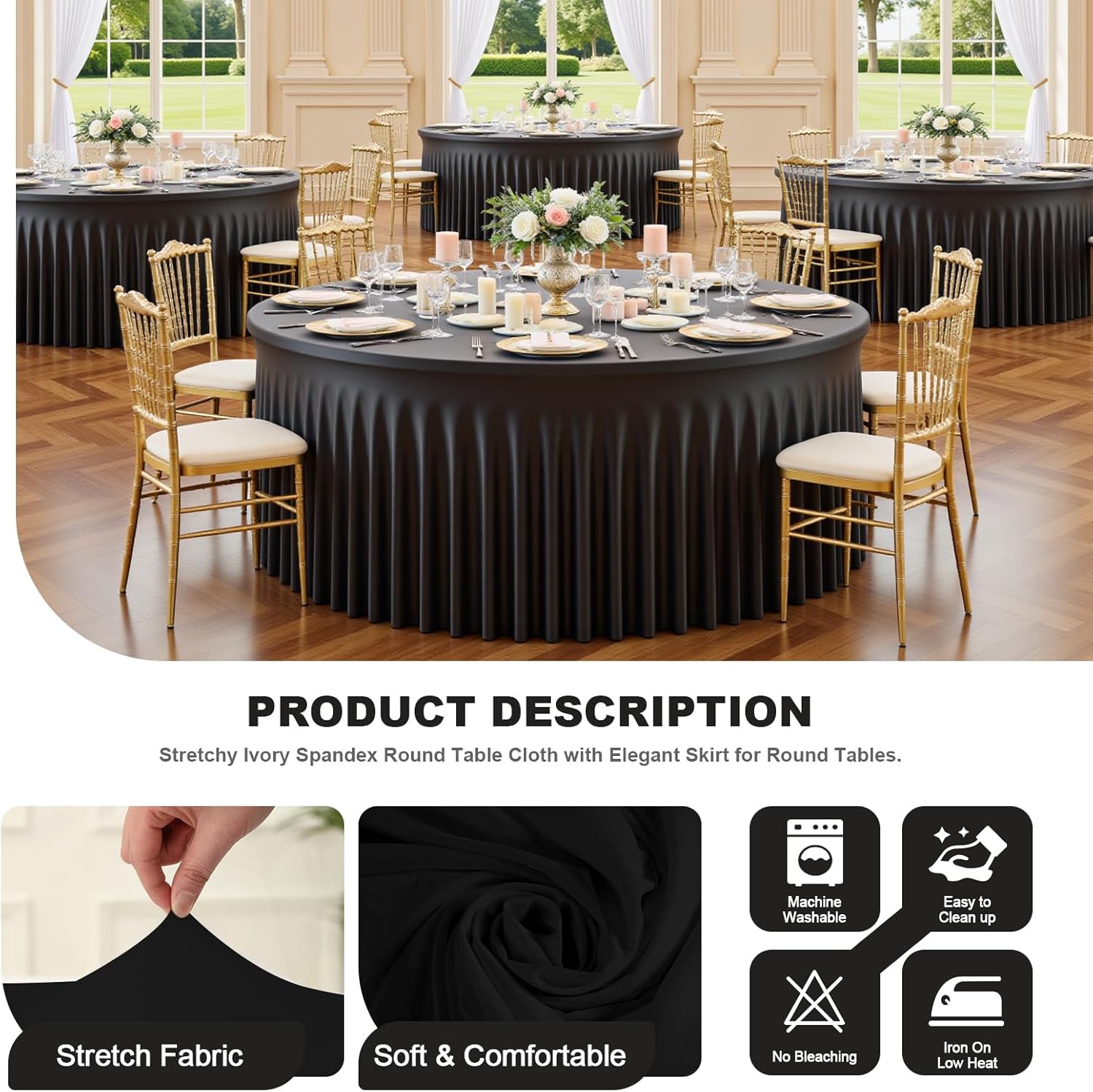 2 Pack Black 60 inch Round Spandex Tablecloth, Washable Stretchy Fitted 5FT Round Tables,Elastic Edge with Skirt, Wrinkle-Free Table Cloths for Wedding Banquet Party Birthday Buffet