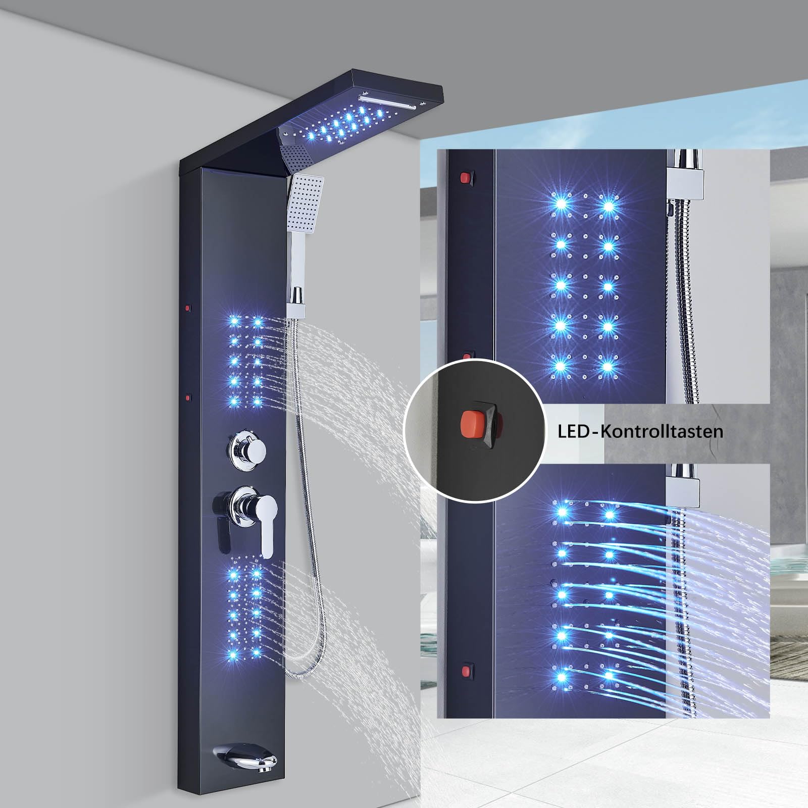 Pannello doccia a parete con sistema LED, colonna doccia multifunzionale con doccia a pioggia, cascata, massaggio, doccetta manuale, rubinetto, set completo con pannello doccia e