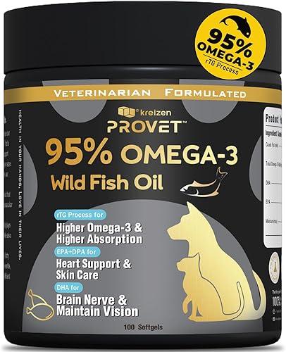 Aceite de pescado 95% Omega 3 para perros y gatos, formulado por veterinarios con aceite de salmón procesado RTG, máximo EPA y DHA, apoya la salud